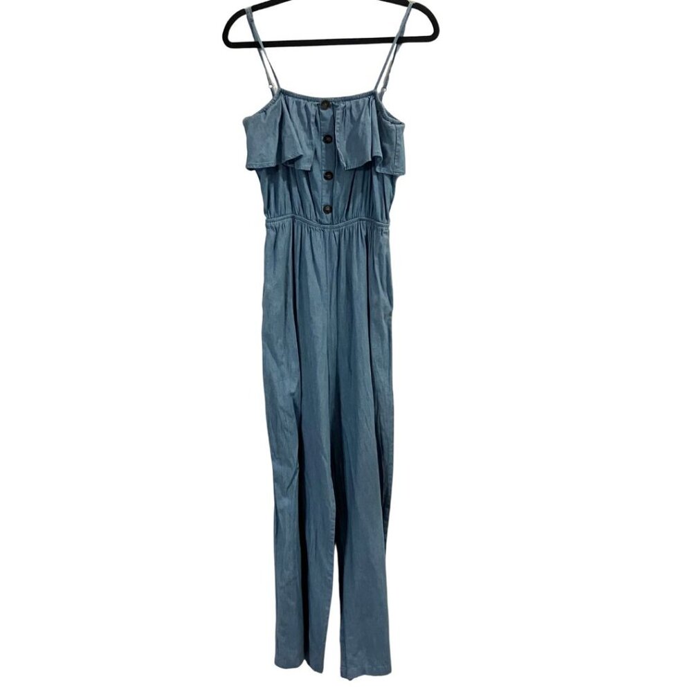 A. Calin by Flying Tomato Light Blue Chambray Sleeveless Ruffle Jumpsuit Large